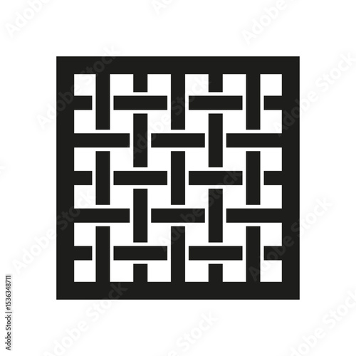 Black maze symbol. Vector grid pattern. Square net icon. Block structure figure.