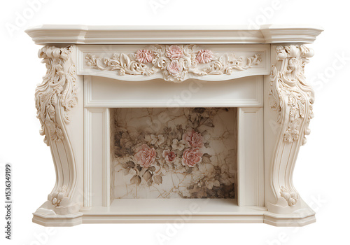 Elegant white fireplace mantel with intricate carving and floral design,On Transparent Background, Isolated on white