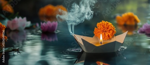 Serene Floating Candlelit Origami Boat Adrift on Tranquil Waters Amidst Water Lilies and Marigolds
