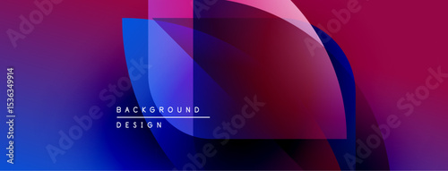 Abstract background features overlapping shapes, vibrant purple, blue hues. Modern design elements create dynamic visual effect.