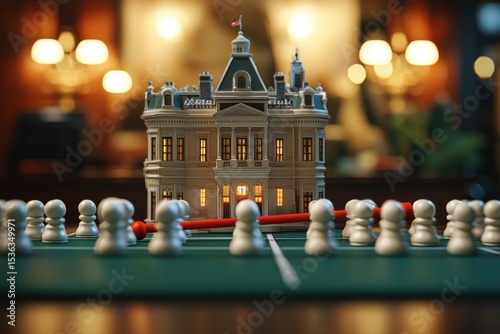 Political Strategy Game Board with Government Building Model and Pawn Pieces government strategy pet