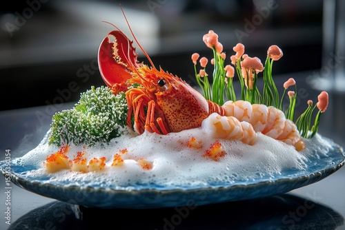 A high-end seafood dish plated to look like a coral reef, with lobster, shrimp, edible seaweed, and foam resembling ocean waves, AI Generative.