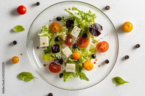 A deconstructed salad bowl, where each ingredient is plated in small, AI Generative.