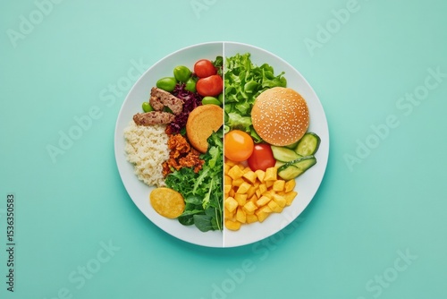 A split-screen illustration showing a transition from a standard diet to a plant-based diet, AI Generative.