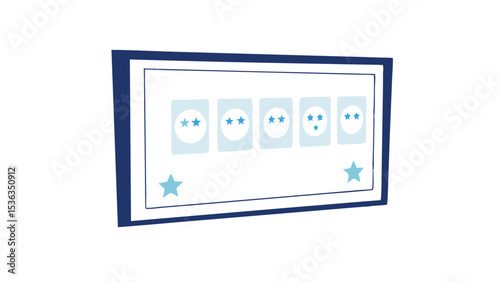Showing the star ratings on a framed illustration with blue stars and five pale blue cards with a