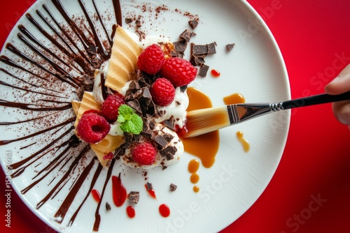 An interactive dessert plate where diners are encouraged to use a paintbrush to add sauces,AI Generative.