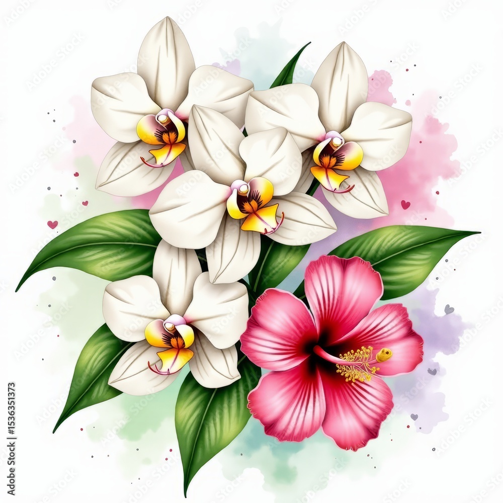 Fototapeta premium Lush Watercolor Tropical Floral Design Featuring Orchids Hibiscus and Lush Greenery Perfect for Summer Themes