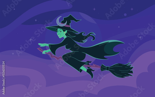 A Vector Illustration of a Witch Flying on a Broomstick at Night