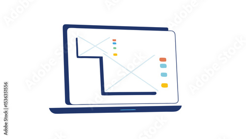 Concepting UX design visualising the wireframe of a web app on a stylish laptop with simple flat