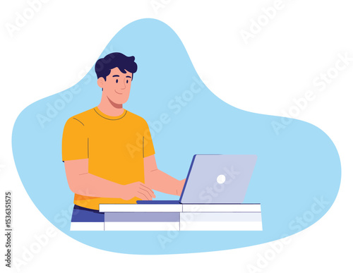 Young Man Working on Laptop Flat Vector Illustration