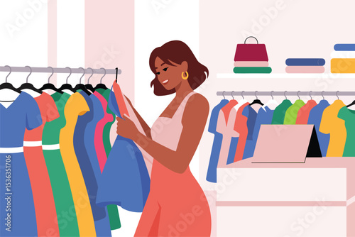 Woman Shopping for Clothes in a Boutique Finding the Perfect Outfit