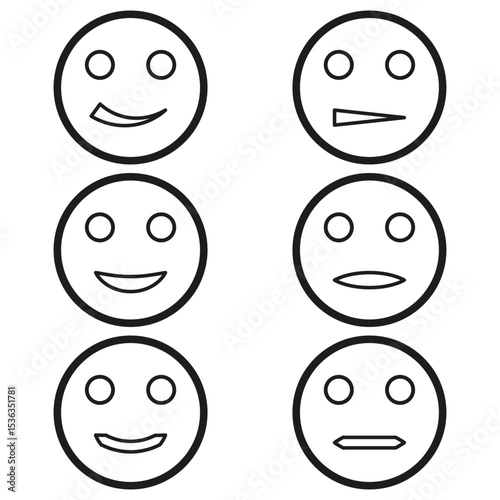 Outlined smiley icons. Hollow emoji faces. Mood circle set. Vector emotive symbols.