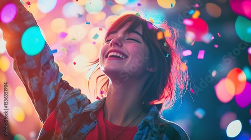 Bright and happy nonbinary teen throwing confetti, surrounded by colorful lighting