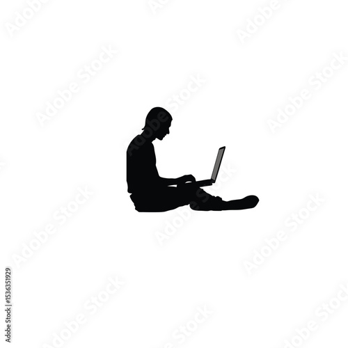 person sitting on floor using laptop silhouette on white background