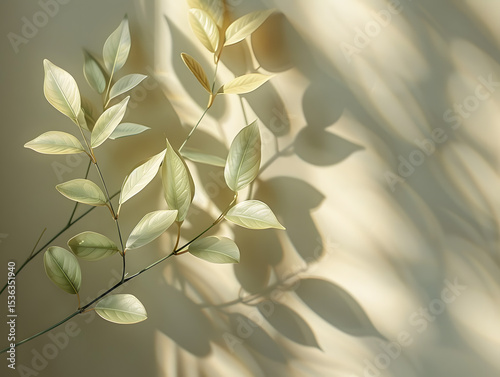 Plant branch with leaves casting shadows on a wall, suitable for natural background or decorative design elements