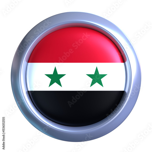 Free Download 3D Syria Flag with circle metallic frame, showcasing national emblem detail in a polished, modern design. Perfect for apps, UI, or educational use - GFXLoad