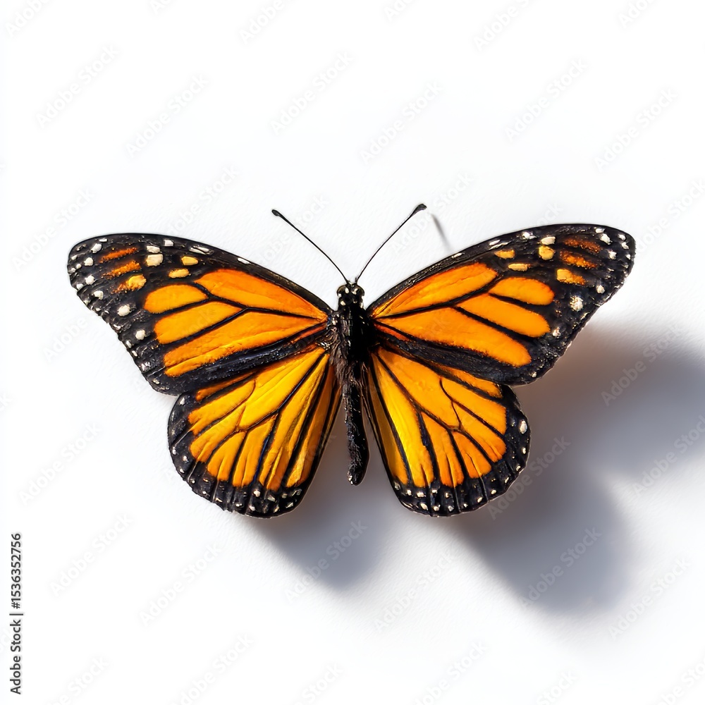Fototapeta premium A monarch butterfly against a plain white backdrop. 