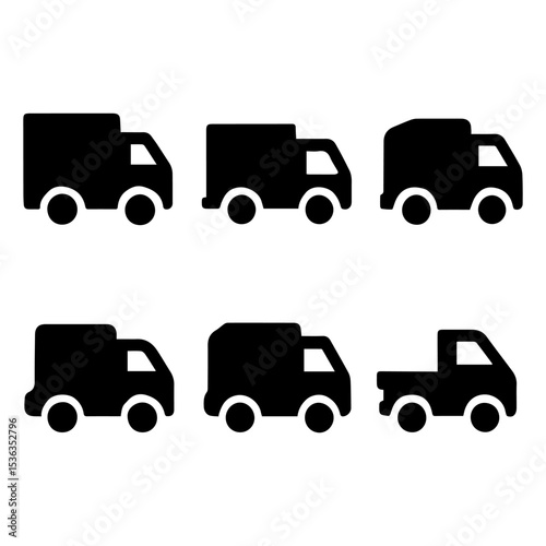 Delivery Truck Silhouette: A set of black silhouette delivery trucks, offering various styles, perfect for conveying themes of transportation, logistics, and shipping in a clean and modern aesthetic.