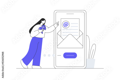 Email Marketing. Woman Character Using Online Postbox and Sending Advertising Mails. Envelope and Reading Letters. Flat Cartoon Vector Illustration, icon. Stylish abstract design landing page
