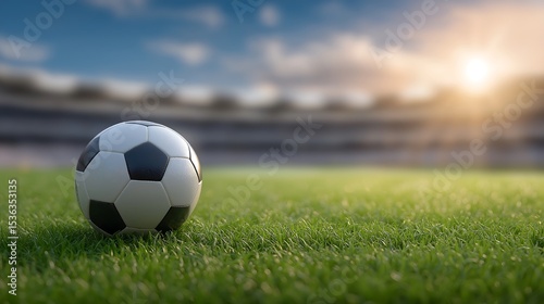 Soccer ball on green grass field sunny sky background
