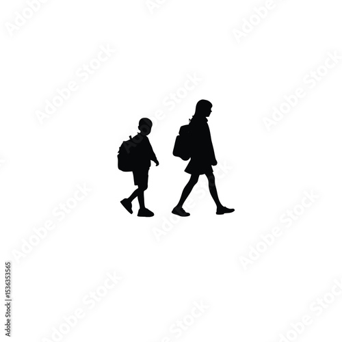 student carrying backpack silhouette black on white background