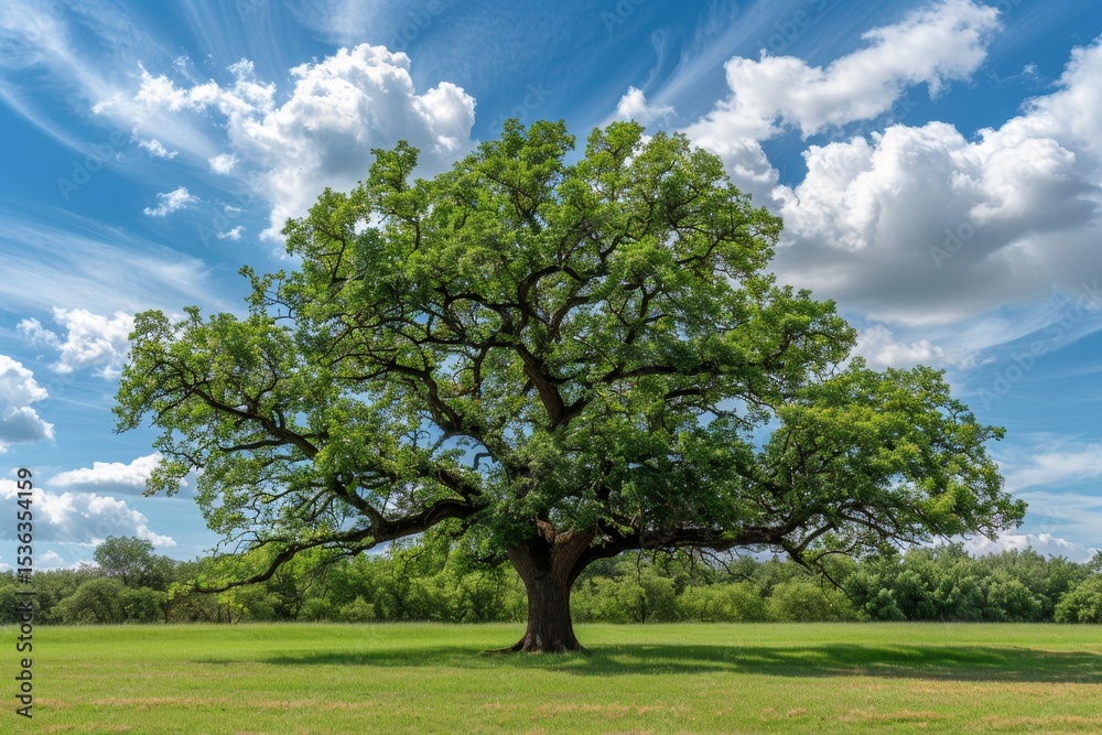 Obraz premium Majestic oak in a grassy field under a vibrant sky