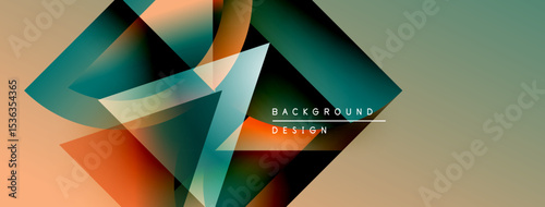 Abstract geometric shapes overlap, creating dynamic color gradients. Background features warm, cool tones, modern design elements.