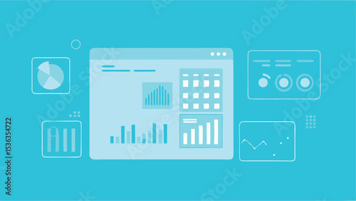Illustration of a dashboard interface with various charts and graphs on a light blue background design view