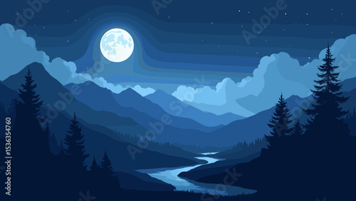 Night Landscape with Full Moon - Scenic Moonlight Nature Illustration