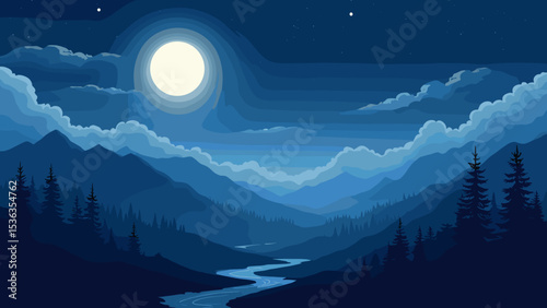 Night Landscape with Full Moon - Scenic Moonlight Nature Illustration