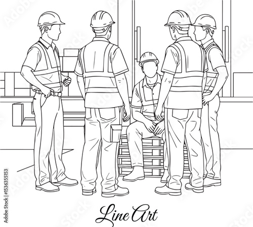 Group of Construction Workers Meeting on Site Line Art