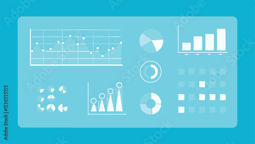 Light blue dashboard interface with line charts pie charts and bar graphs for data visualization