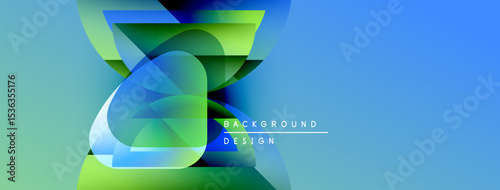 Abstract geometric shapes blend blues, greens. Modern design suggests movement, depth. Background features text elements, clean aesthetic.