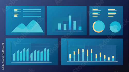 Five panels displaying various types of business data visualizations in shades of blue and yellow colors