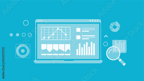 Laptop screen displaying data charts and graphs with a magnifying glass on a light blue background