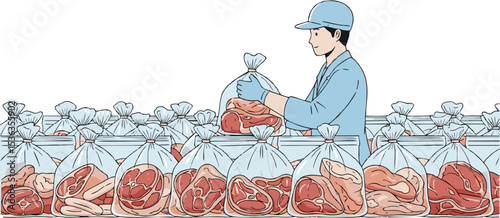 Butcher Packaging Fresh Meat in Plastic Bags