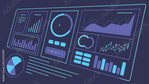 Futuristic dashboard interface with various data visualizations and graphical representations displayed