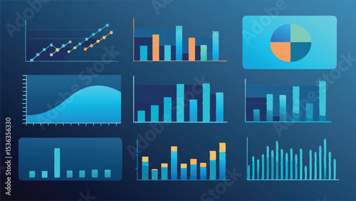 Illustration featuring various types of business charts and graphs on a dark blue gradient background design