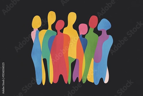 A minimalist vector illustration of people standing together, using bold and simple shapes in vibrant colors like blue, green, yellow, orange, pink, red, and purple on a black background.