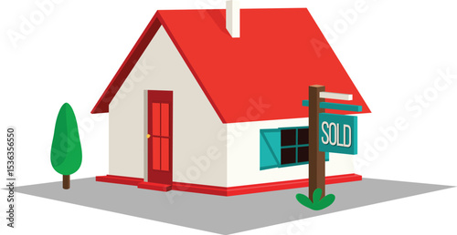 Sold Home: A charming, vibrant vector illustration depicts a house sold, signposted outside, portraying the dream of homeownership and the essence of the real estate industry.