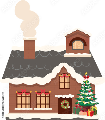 Christmas House Vector Illustration: An inviting illustration of a cozy house decorated with festive lights and a decorated Christmas tree, with snow-covered roof and chimney.