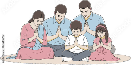Cartoon family of five in prayer, seated on a rug, eyes closed in devotion