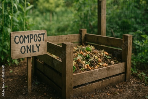 A designated outdoor compost pile brims with organic waste and a wooden sign, supporting eco-living and conscious waste management practices.