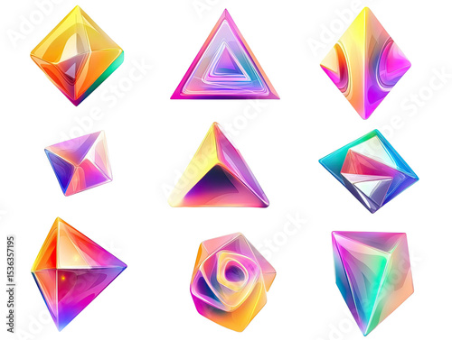 Collection of 3D prism crystal shapes with glowing color effect