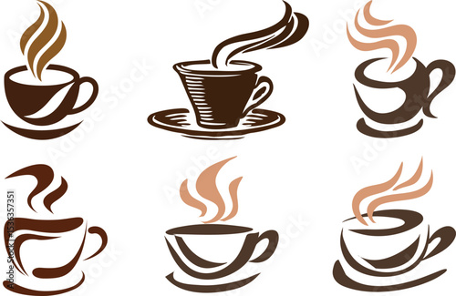 A set of cup and coffee on white background. 