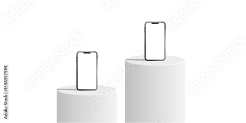 Two Cylinder white podium stage pedestal and platform with blank smartphone display mockup. Ideal for mobile product showcase, app design preview, or digital device marketing presentation.
