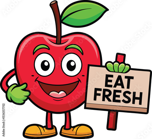 A cute red cartoon apple with a green leaf, some with a smile, others with a worm, illustrating healthy organic fruit and natural food