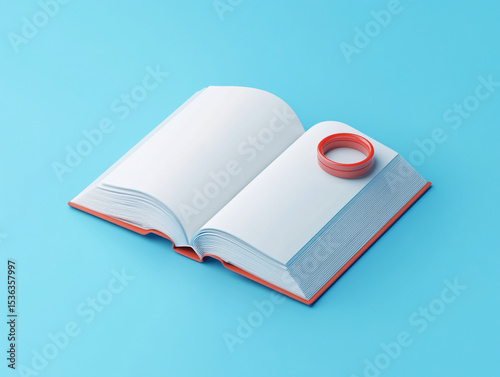 A vibrant, minimalistic image featuring an open book with a red spine and blank white pages, set against a light blue background.