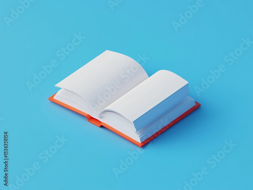 A vibrant, minimalistic image featuring an open book with a red spine and blank white pages, set against a light blue background.