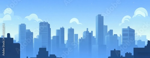 A simple vector cityscape with buildings and clouds, in a pastel blue color palette, in a flat design style, with a clear sky background